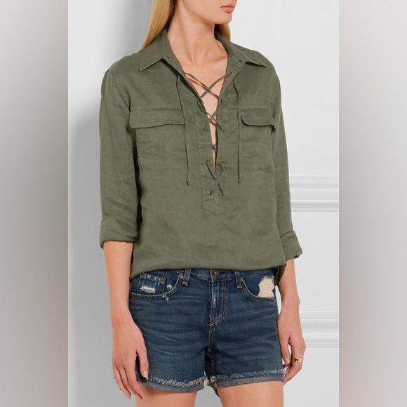 Equipment Knox Lace Up Linen Shirt in Forest Green - Picture 1 of 11